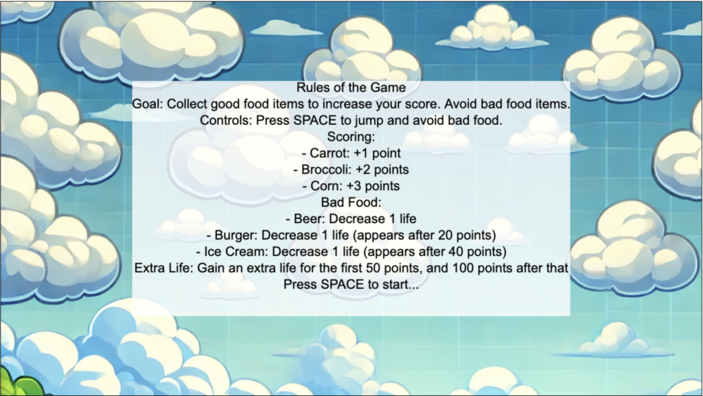 Rules screen outlining how to play the Healthy Eating Game.